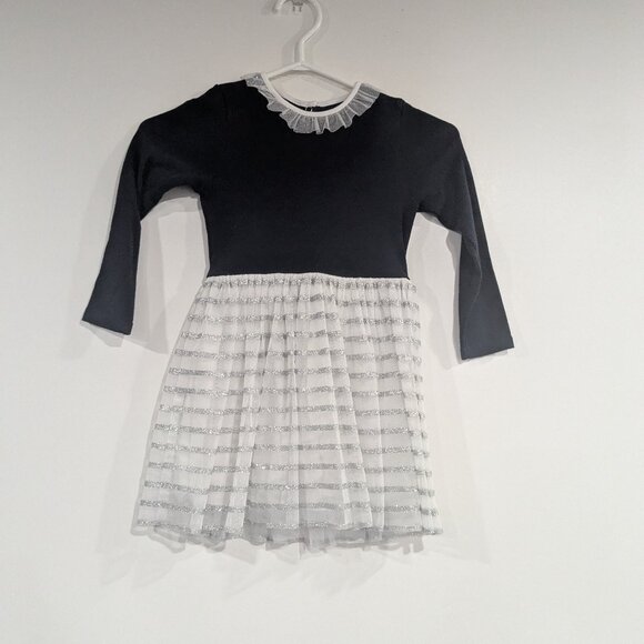 Petit Bateau Long Sleeve Dress with Tulle Skirt Silver White Navy Blue Size 5 - Picture 1 of 5